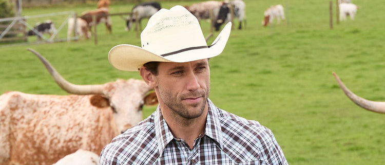 Man with long horn cattle around him in a white western Hat