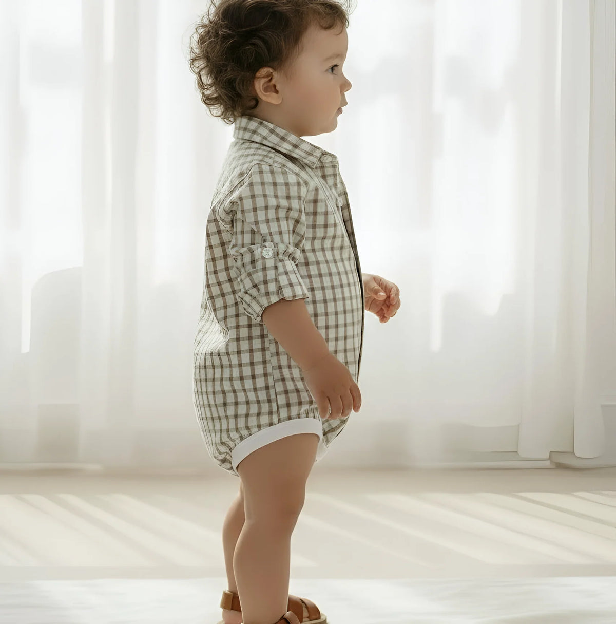 Love Henry Baby Boys Oxford Dress Shirt Romper – Tan Check