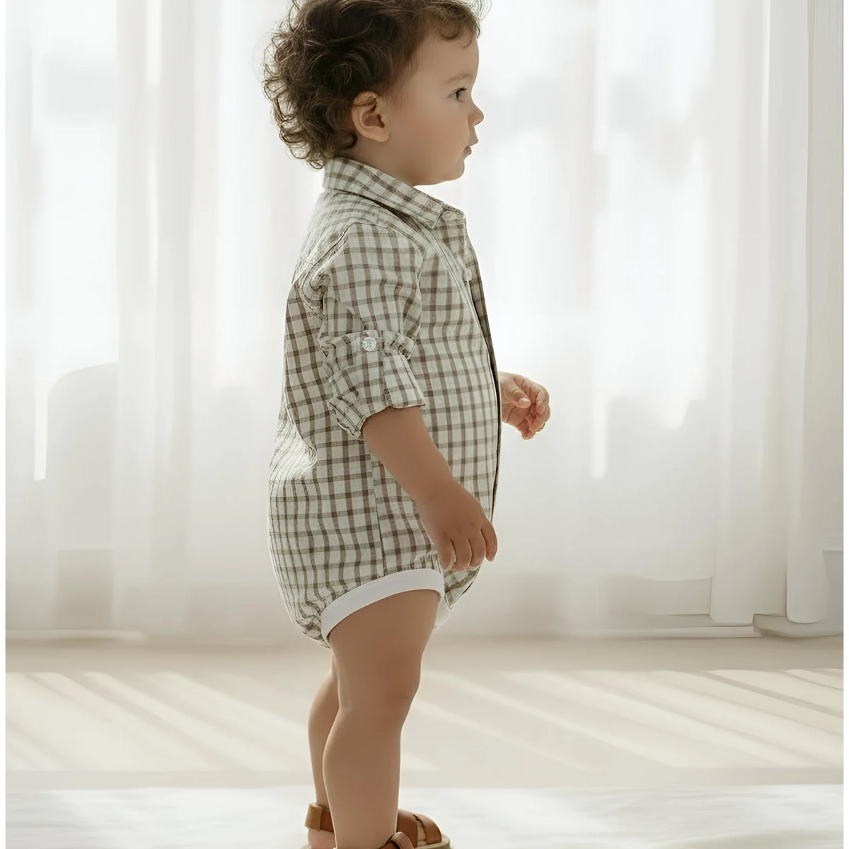 Love Henry Baby Boys Oxford Dress Shirt Romper – Tan Check