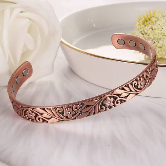 Raised Flower Style Copper Bangle with Clear Stones – Magnetic Therapy Bracelet