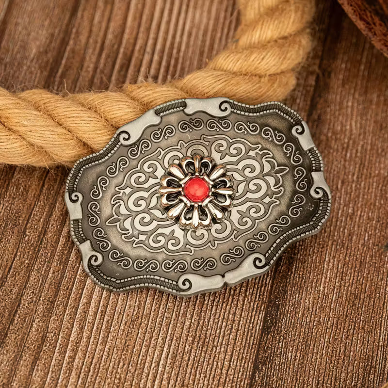 Western Floral Belt Buckle with Red Stone Accent