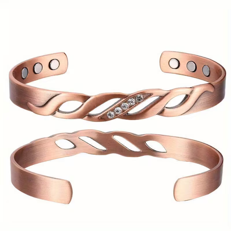 Twisted Style Copper Bangle with Clear Stones – Magnetic Therapy Bracelet