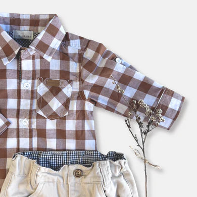 Baby Boys Dress Shirt Romper – Large Bronze Check