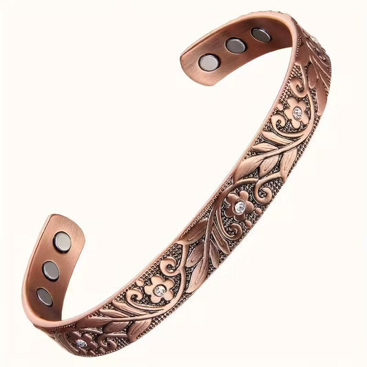 Raised Flower Style Copper Bangle with Clear Stones – Magnetic Therapy Bracelet