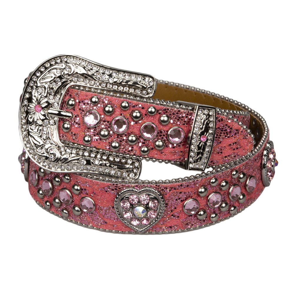 Belt - Western - Girls Pink Sparkling with Heart Concho