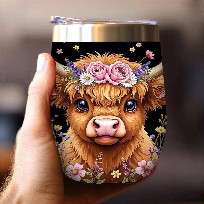 Highland Cow Floral Insulated Travel Mug – Stainless Steel Cup with Lid