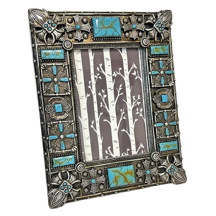 Metal Fleur De Lis Teal Rectangle Rock Picture Frame – 6” x 4”
