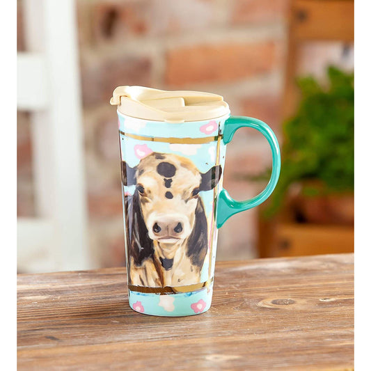 Ceramic Travel Mug with Metallic Accents – Myrtle the Cow