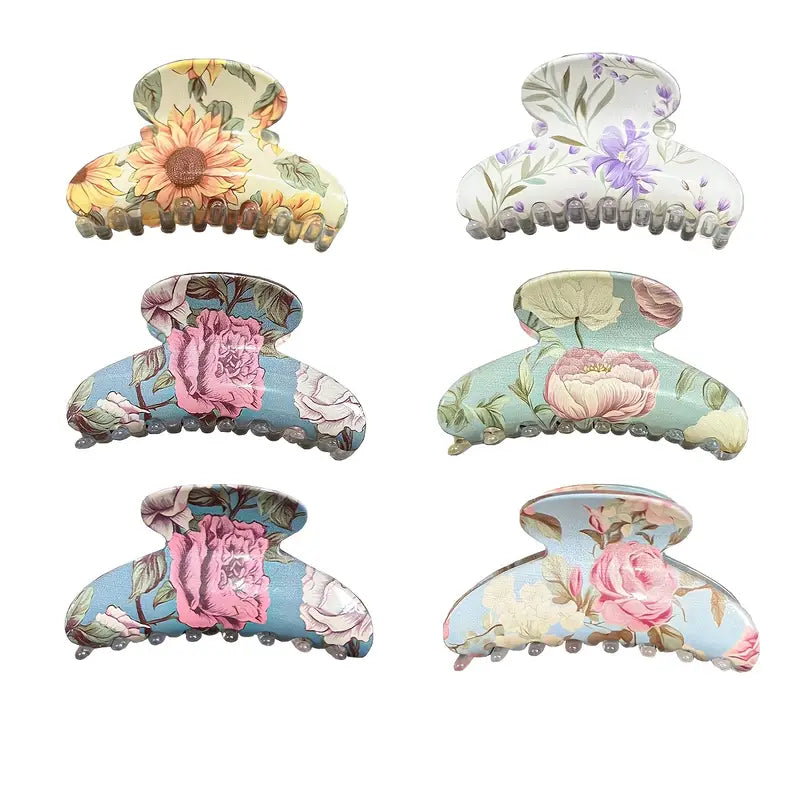🌸 Daily Basic Large Floral Hair Grabber – Colorful Print Resin Shark Clip