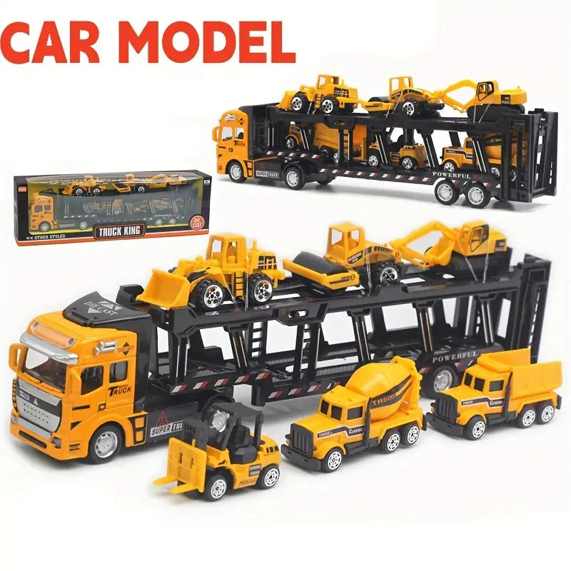 Truck King Die-Cast Toy Set – 32cm Semi-Truck with 6 Mini Construction Vehicles