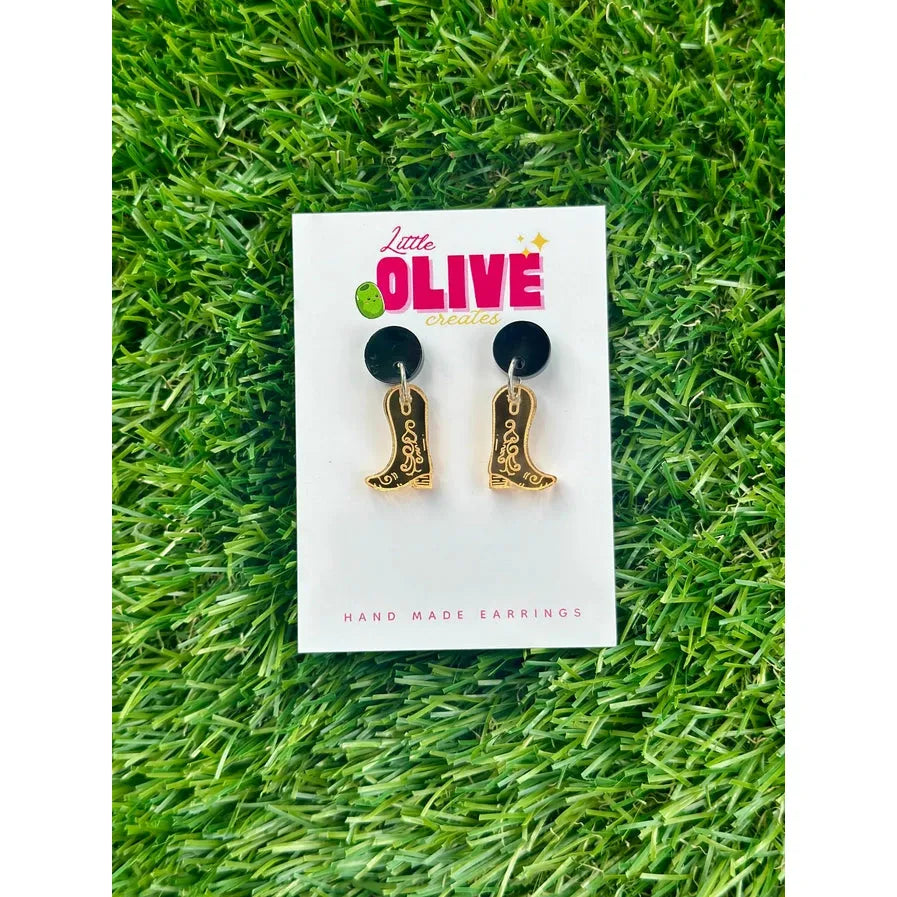 Gold Mirror Cowboy Boots Dangle Earrings Western Glamour - Small