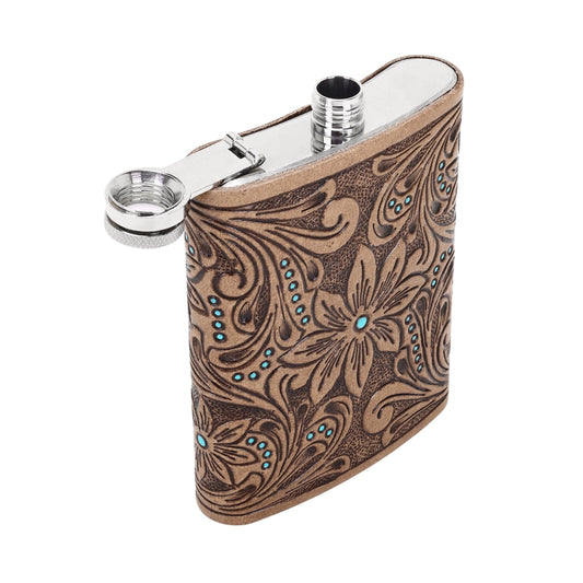 Mountain Trail Flask – Tan with Hand Tooled Leather & Turquoise, 8oz
