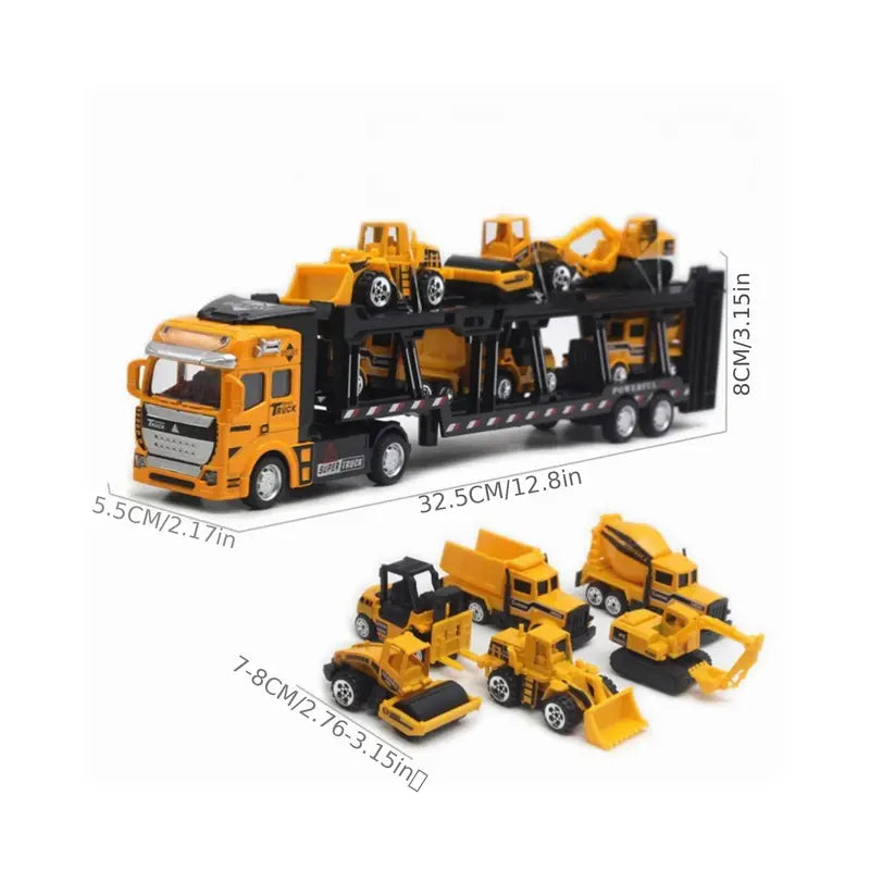 Truck King Die-Cast Toy Set – 32cm Semi-Truck with 6 Mini Construction Vehicles