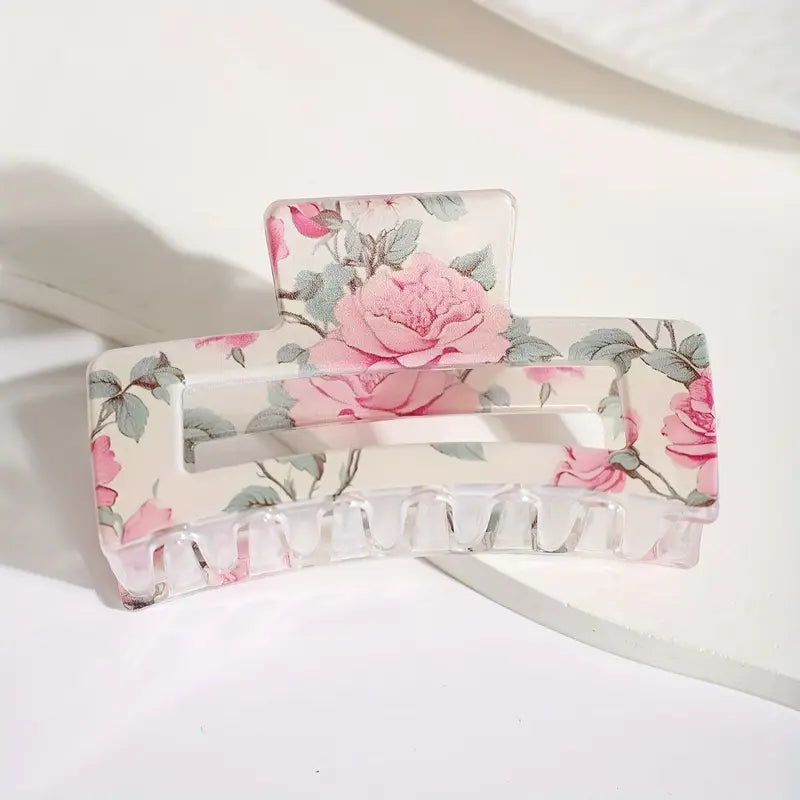 Simple Flower Print Large Square Hair Gripper Shark Clip - Assorted Colours