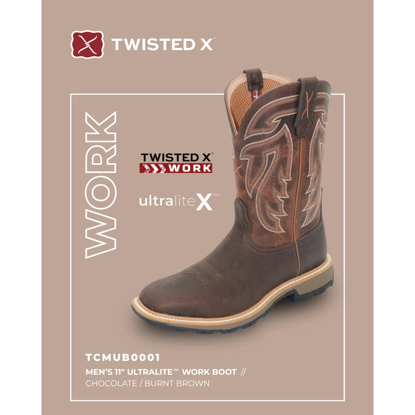 Twisted X Men’s Ultralite X Work Boot – Chocolate/Burnt Brown