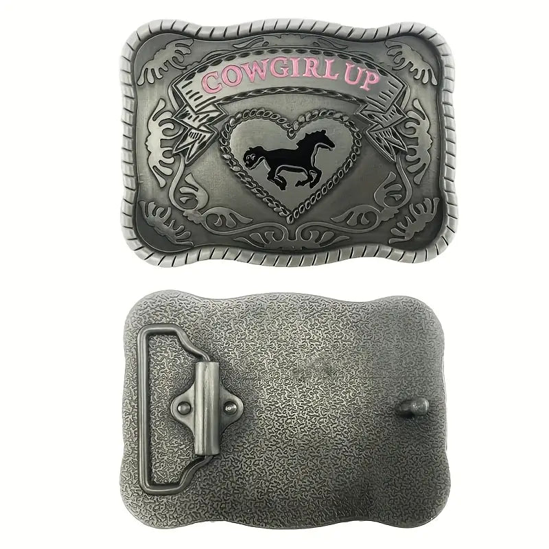 🤠 Vintage Western Cowgirl Up Alloy Belt Buckle – Horse & Floral Design