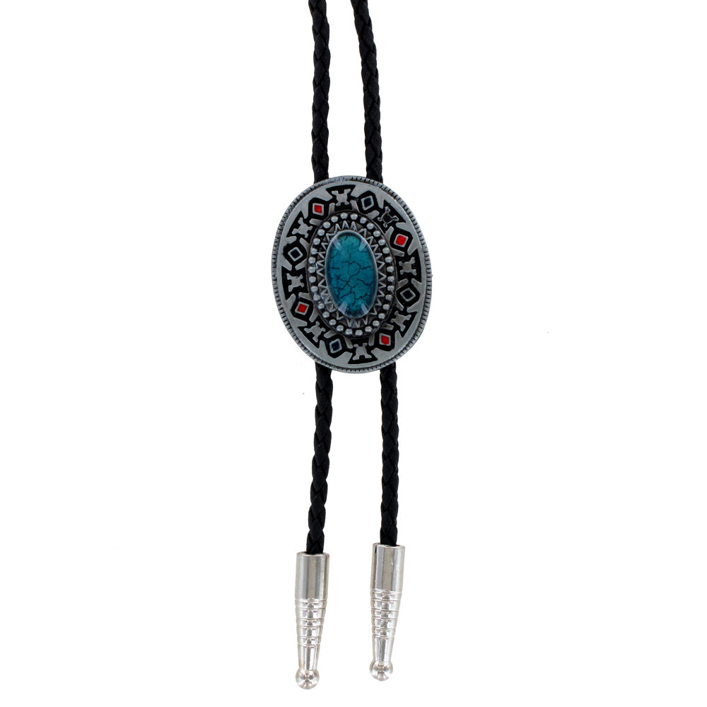 Aztec Design Bolo Tie - Blue Stone
