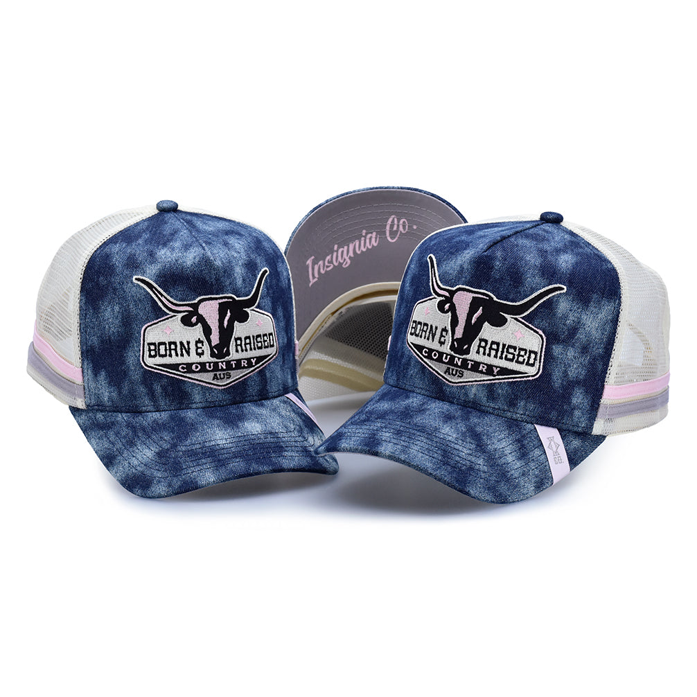 Born & Raised – Washed Blue Denim High Profile Trucker Hat