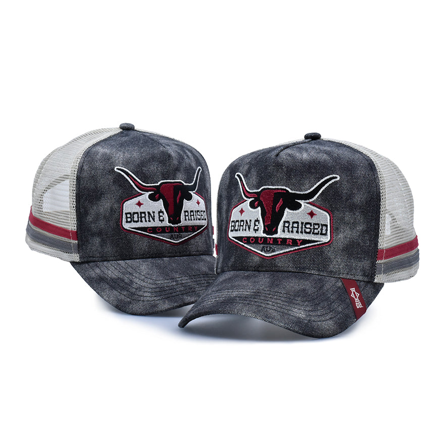 Born & Raised – Washed Black Denim High Profile Trucker Hat