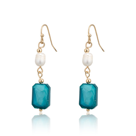 Gold-Plated Teal Gem & Pearl Drop Earrings