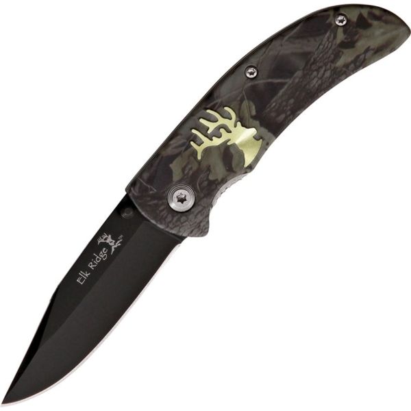 Elk Ridge Camo Linerlock Pocket Knife – Black Coated Drop Point Blade