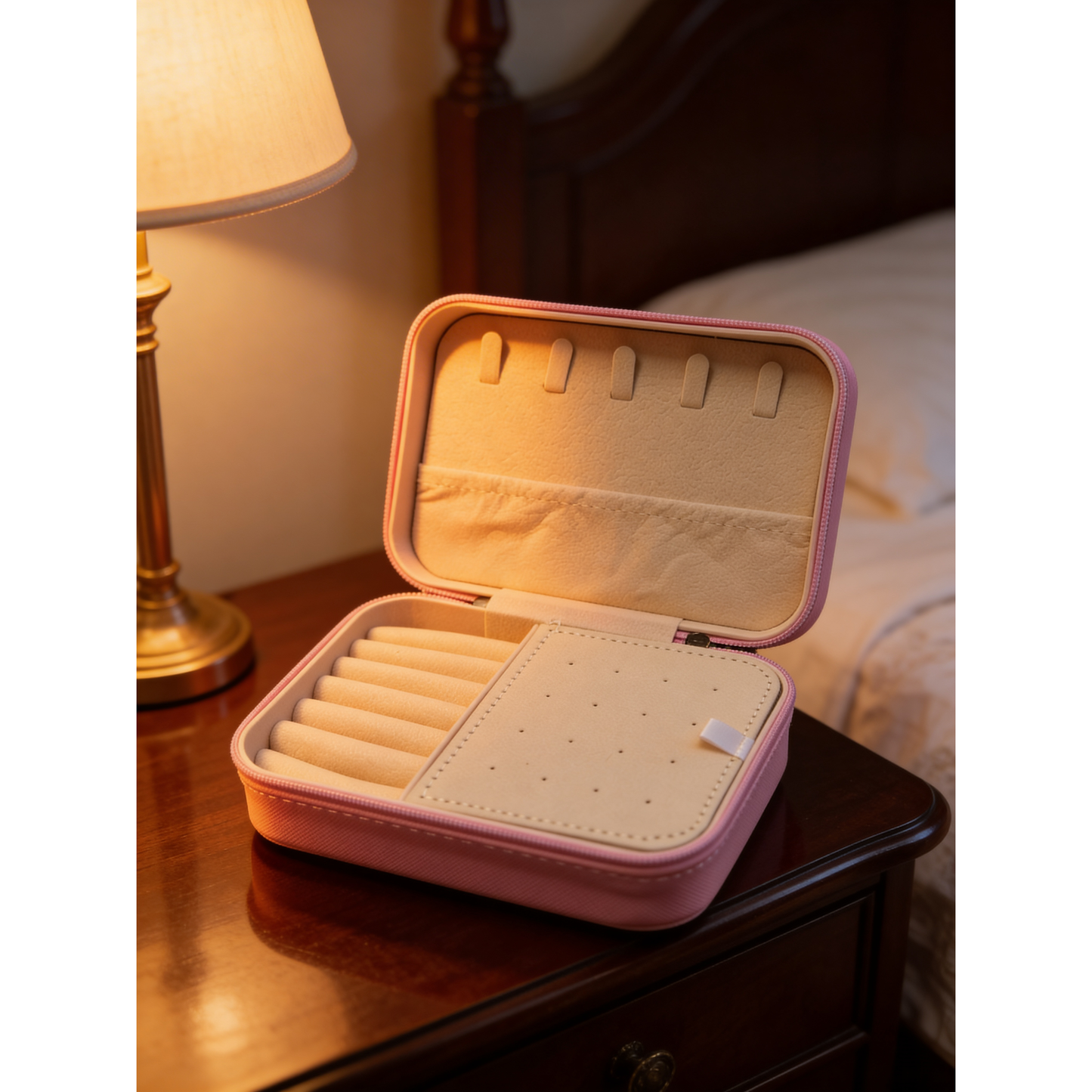 Quilted Travel Jewelry Organizer – Pink PU Leather Jewelry Box with Golden Threads