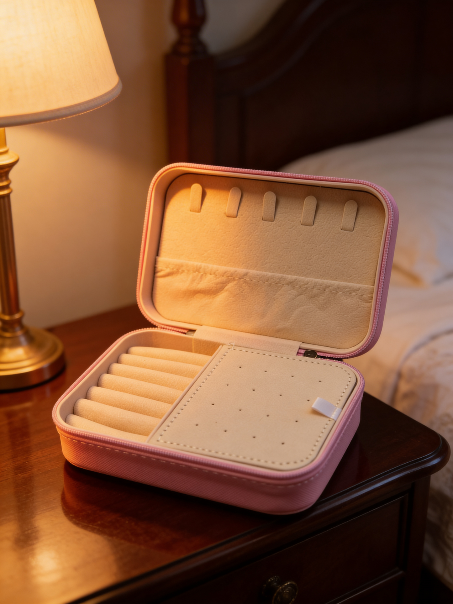 Quilted Travel Jewelry Organizer – Pink PU Leather Jewelry Box with Golden Threads