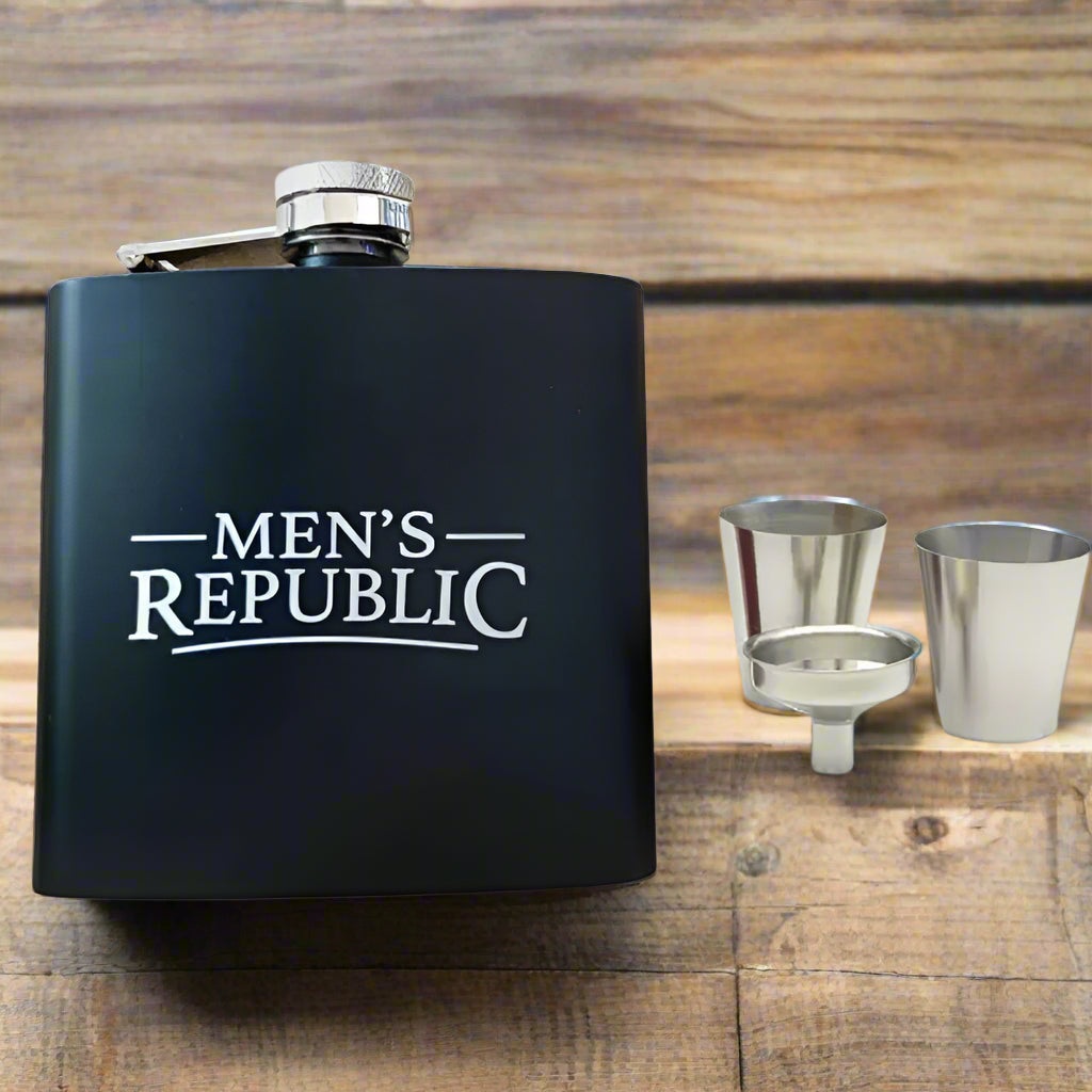 Men's Republic Hip Flask, Funnel and 2 Cups - Silver/Blk