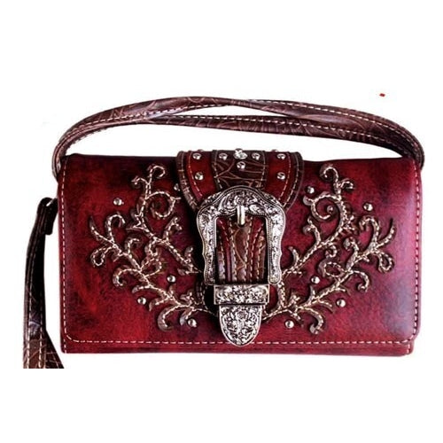 Ladies Western Red Faux Leather Clutch Purse with Studs & Buckle