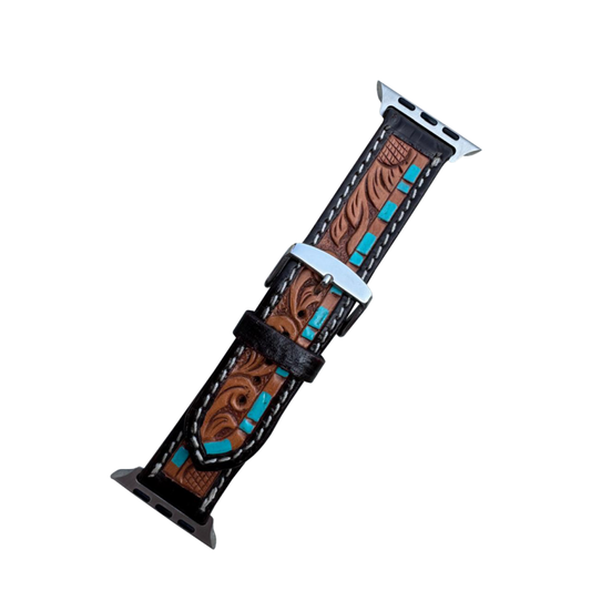 Tooling Leather Apple Watch Strap with Turquoise Detail