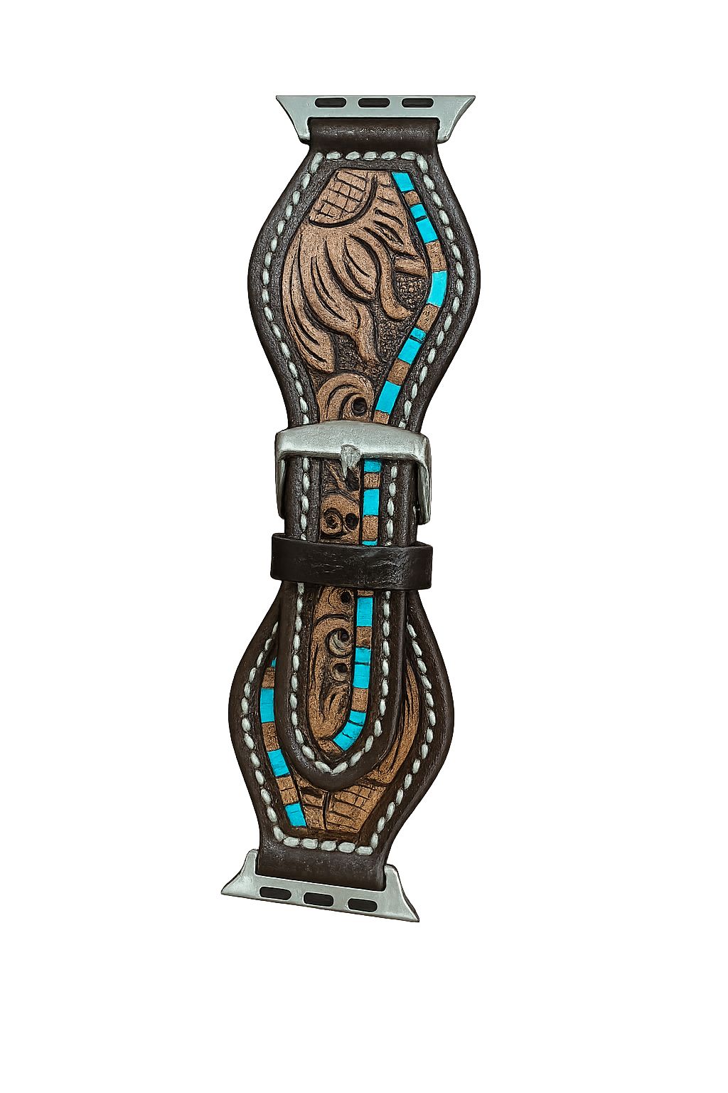 Tooling Leather Rounded Apple Watch Strap with Turquoise Detail