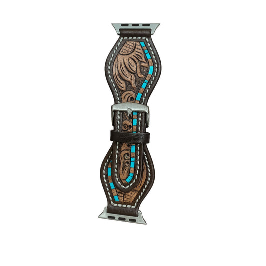Tooling Leather Rounded Apple Watch Strap with Turquoise Detail