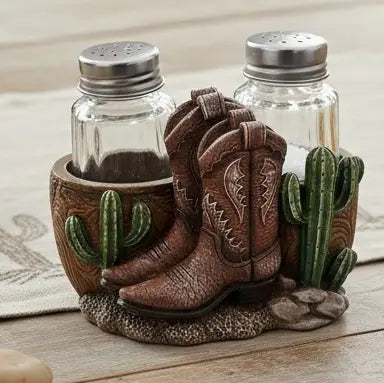 Brown Boots & Cactus Jars Salt and Pepper Shaker Holder Set