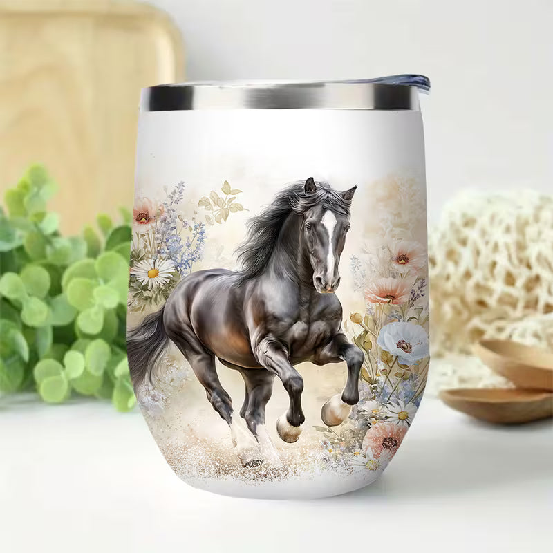 Watercolor Horse Floral 12oz Stainless Steel Vacuum Flask – Leakproof Insulated Drink Cup