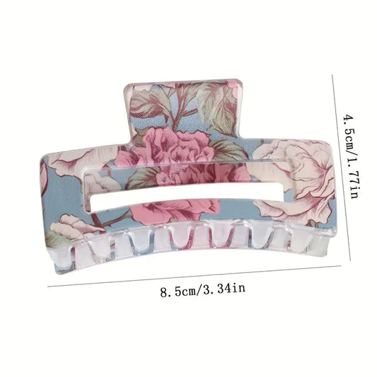 Simple Flower Print Large Square Hair Gripper Shark Clip - Assorted Colours