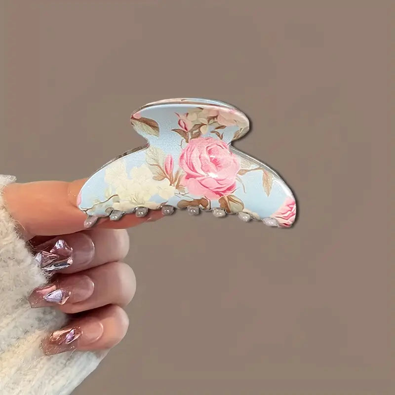 🌸 Daily Basic Large Floral Hair Grabber – Colorful Print Resin Shark Clip