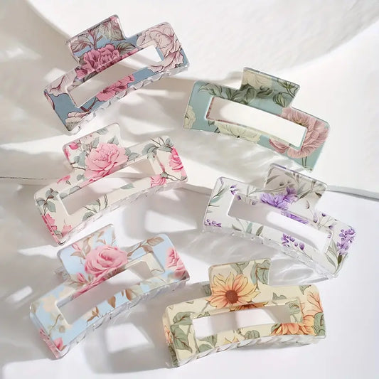 Simple Flower Print Large Square Hair Gripper Shark Clip - Assorted Colours