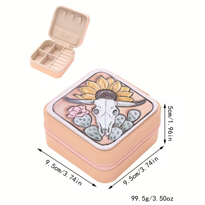 Boho Western Jewelry Organizer Box – Sunflower & Steer Skull Design