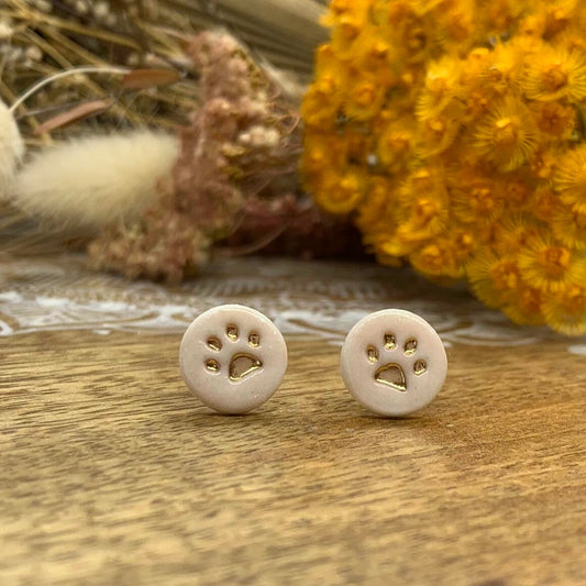 Paw Print in Gold - Porcelain Stud Earrings - White