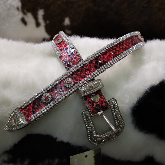 Pink & Black Leather Belt with Clear Stone Trim