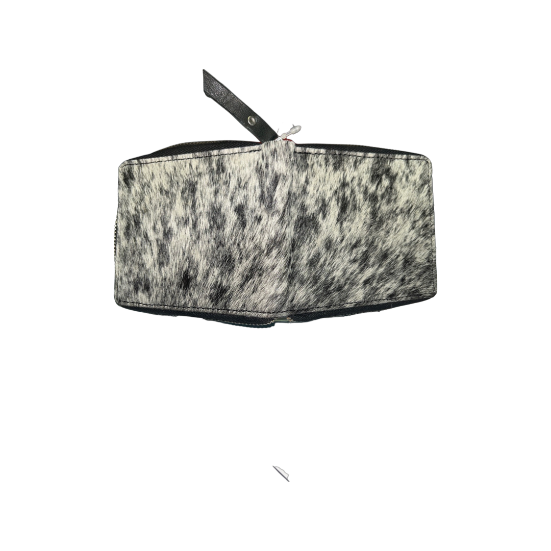 Small Cowhide Zippered Unisex Wallet - Black / White