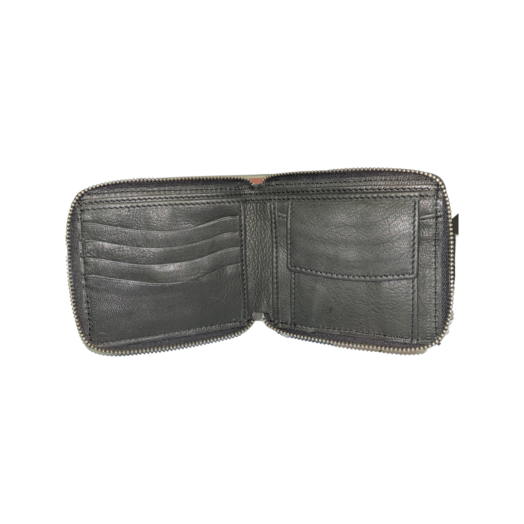 Small Cowhide Zippered Unisex Wallet - Black / White