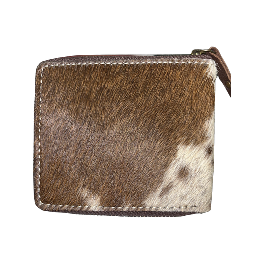 Small Cowhide Zippered Unisex Wallet - Brown / White
