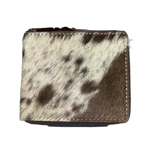 Small Cowhide Zippered Unisex Wallet - Brown / White