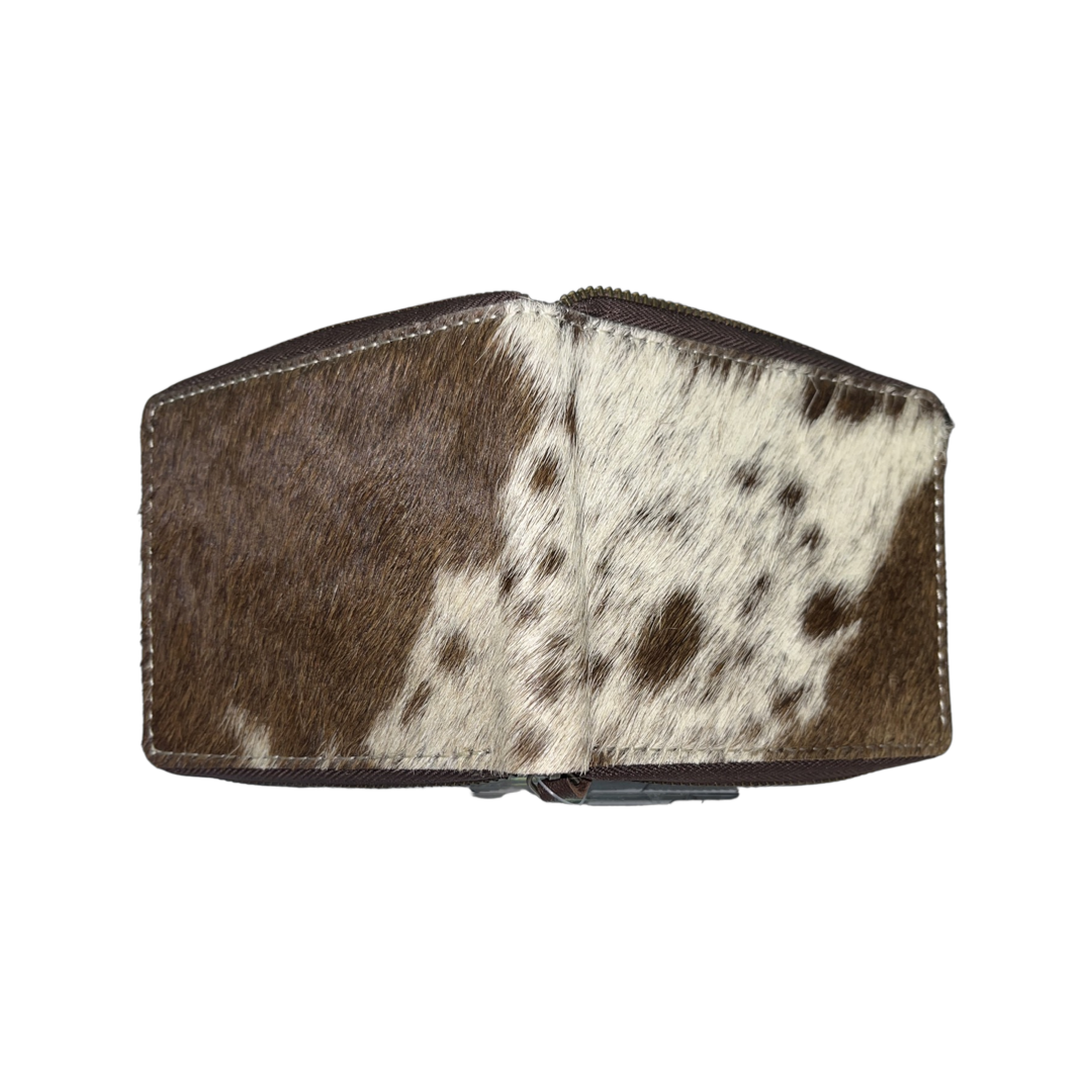 Small Cowhide Zippered Unisex Wallet - Brown / White