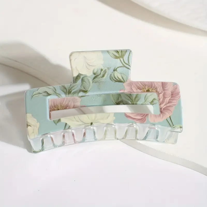Simple Flower Print Large Square Hair Gripper Shark Clip - Assorted Colours