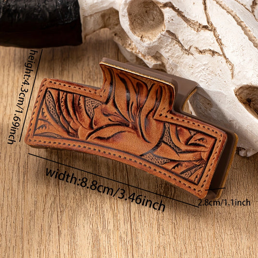 Elegant Cowgirl Style PU Leather Hair Claw Clip with Sunflower & Paisley Pattern