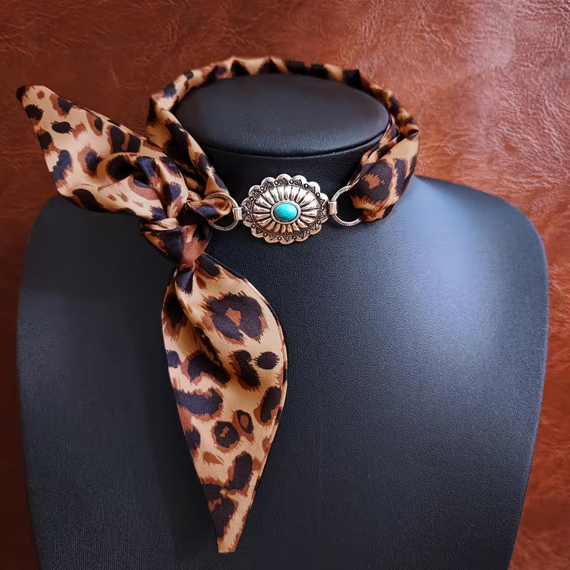 Western Leopard Print Scarf Necklace – Turquoise Concho Cowgirl Neck Scarf