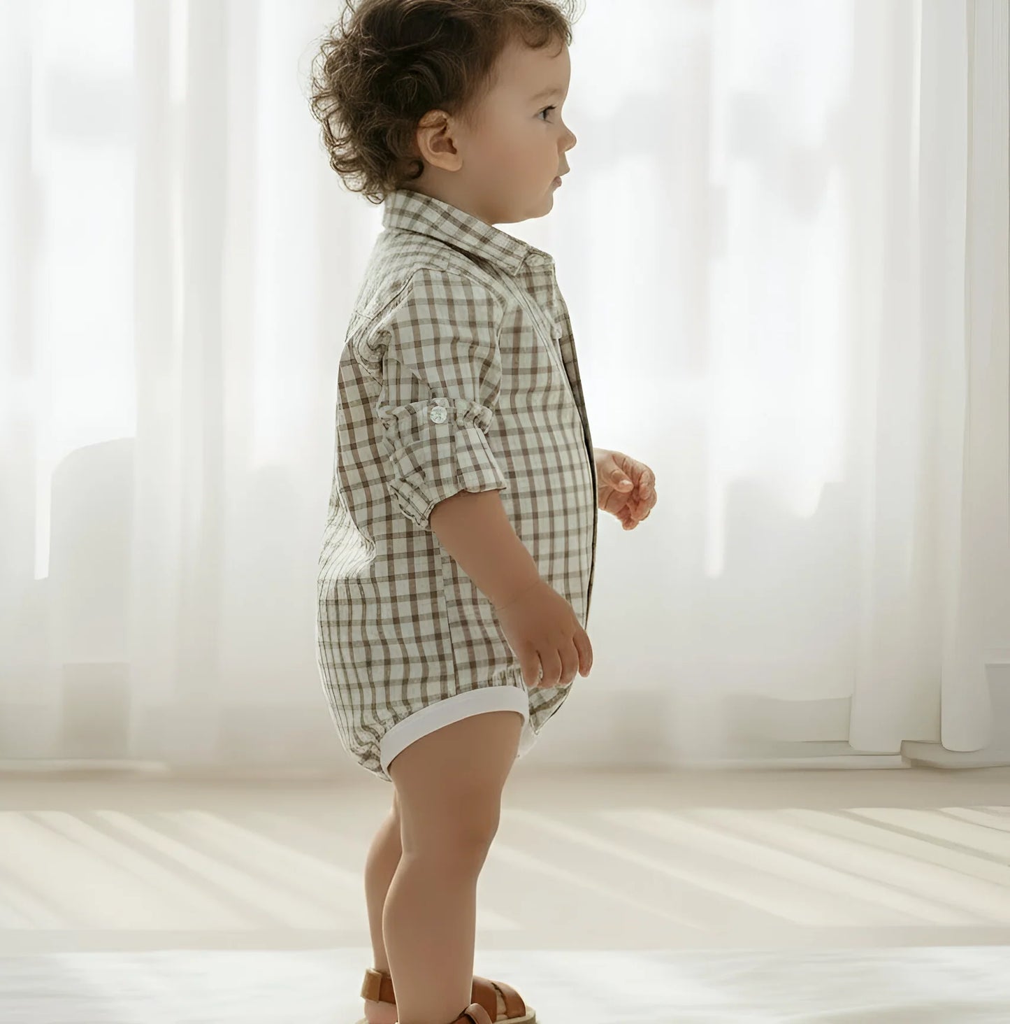 Love Henry Baby Boys Oxford Dress Shirt Romper – Tan Check