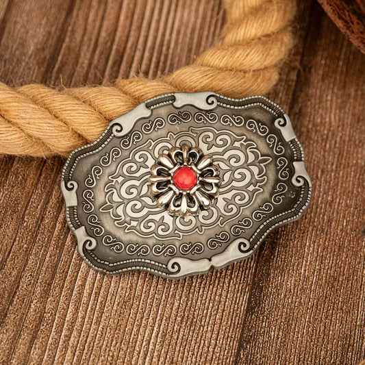 Western Floral Belt Buckle with Red Stone Accent